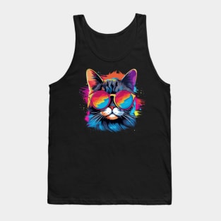 Party Cat in Sunglasses Men Women 80s 90s Retro Funny Cat Tank Top